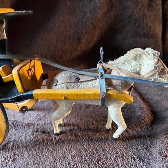 VINTAGE WOOD  WHITE HORSE &  BLUE/ YELLOW CART - Picture 2 of 7